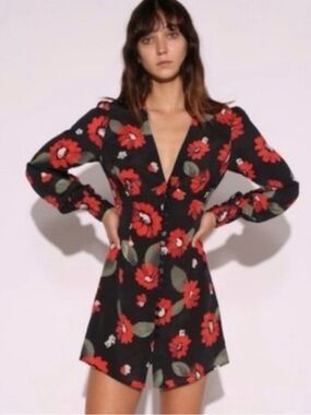 Realisation Par Black Red Floral Button-Front Dress